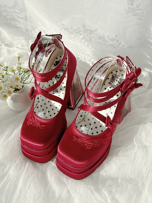 Red Camellia Flower High Block Heel Elegant Platform High Heels