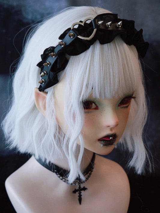 Black Gothic Ruffle Trim Decorated Studs With Heart Design KC