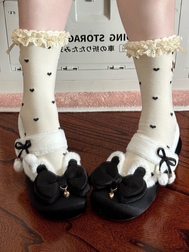 Black Sweet Lolita Heart Charm Plush Bunny Ear Bow at Top Round Toe Shoes