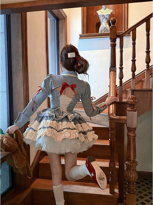 Blue Sweet Lolita Lace-up Boned Corset Top + Skirt + Bolero Full Set