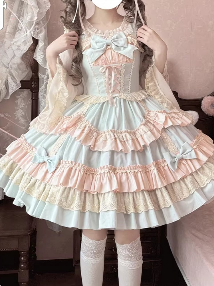 Apricot Elastic Neckline Layered Lace Cuffs Bell Sleeves Blouse