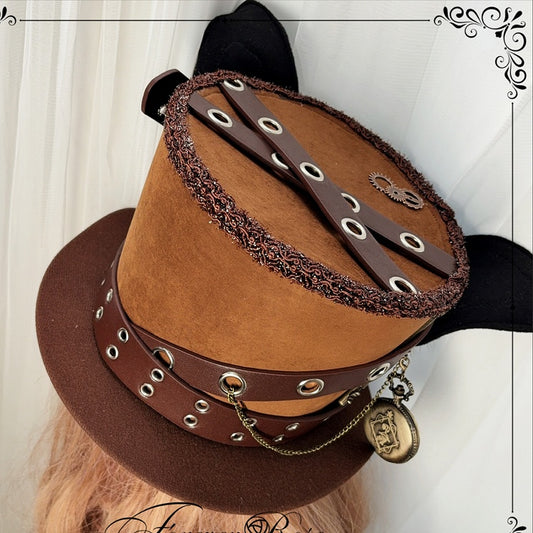 Brown Steampunk Gear Details Pocket Watch Chain Bunny Ear Decorated Lolita Hat