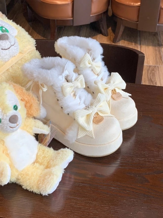 Sweet Lolita Yellow Platform Snow Boots - Pompom Charm, Bow Details & Furry Lining