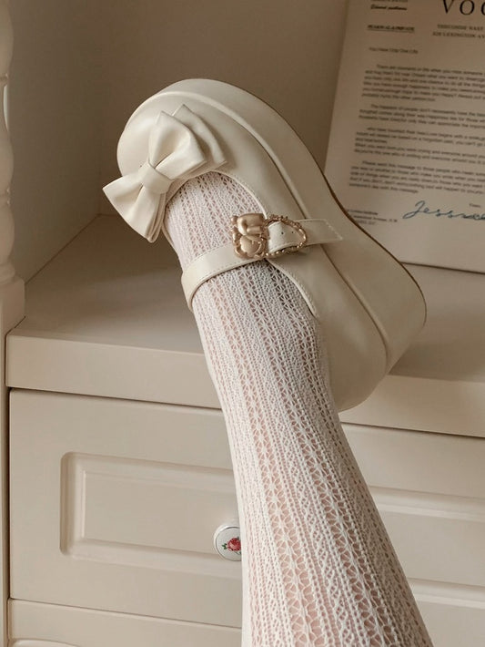 Hugging Bear Heart Buckle Beige Bow at Top Platform Mary Janes with Velcro Strap