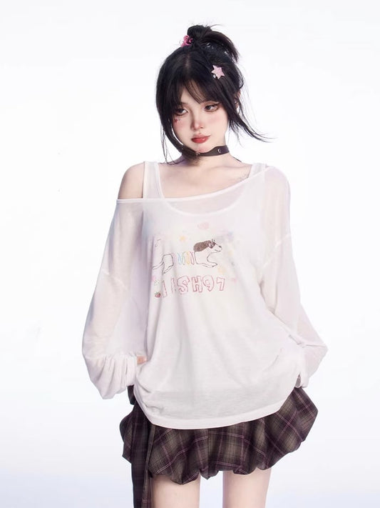 White Asymmetrical Neckline Slinky Dog Print Coverup with Tank Top Set