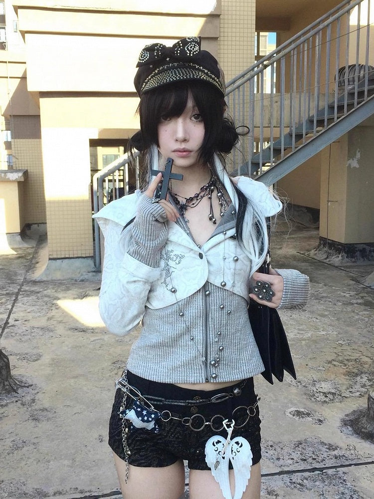 Y2K White / Black Faux Two-Piece Knit Zip-Up Hoodie