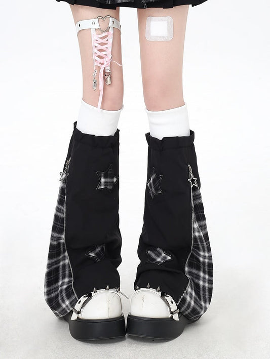 Y2K Style Plaid Leg Warmers in Black & White / Red & Black Colorblock with Star Appliques