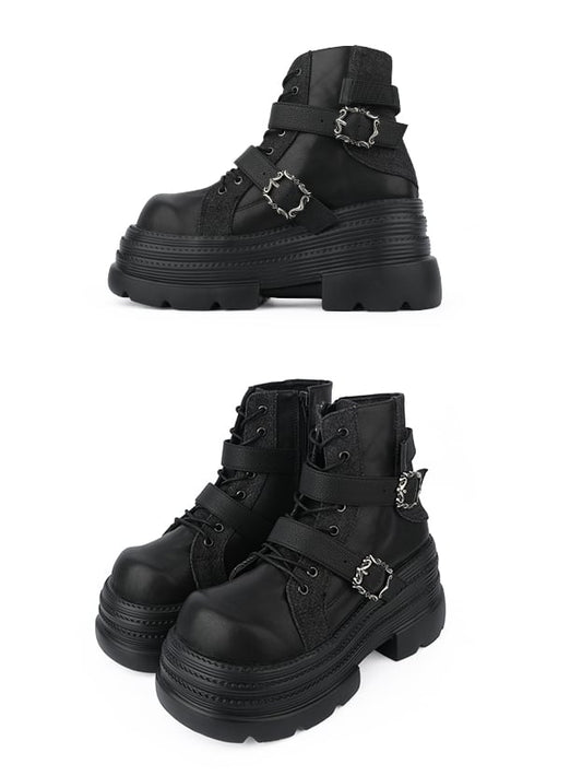Punk Rock Black Platform Ankle Boots with Inner Zipper, Buckle Straps & Lace-Up Design