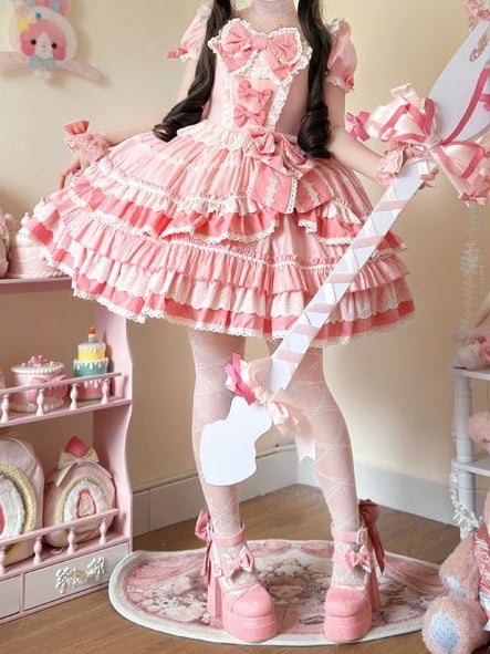 Pink Sweet Bow Accents Short Sleeves Dress Lolita One Piece