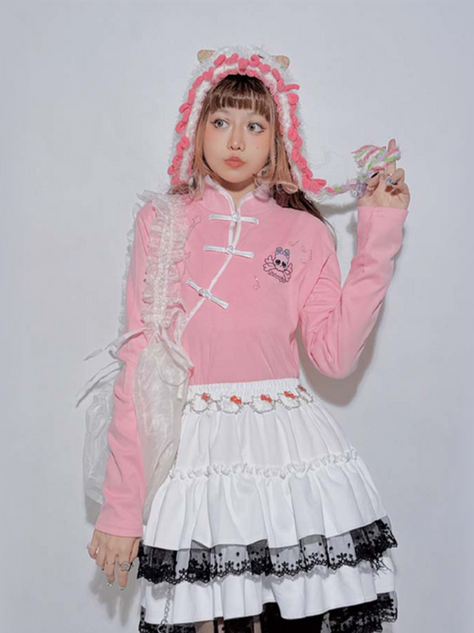 Pink Pastel Punk Skeleton Print Guitar-Shaped Rhinestones Top