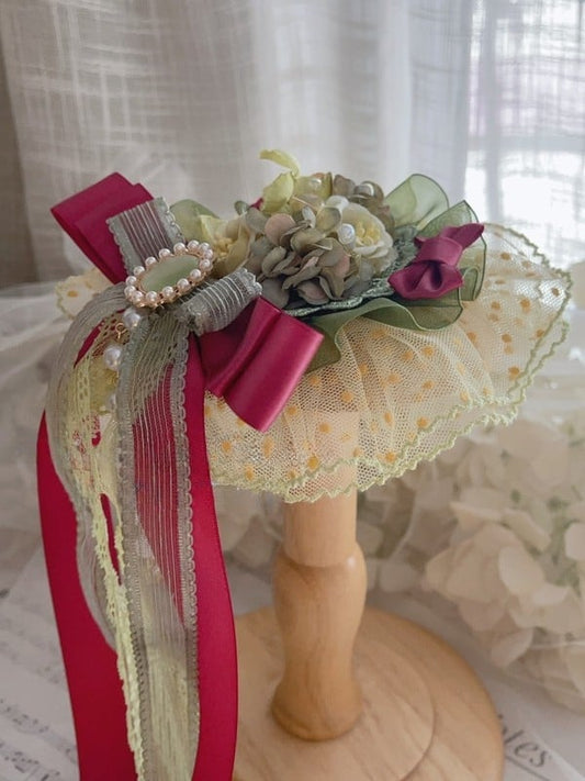 Pink&Green Beaded Charm Bowknot Decorated Floral Design Mini Hat