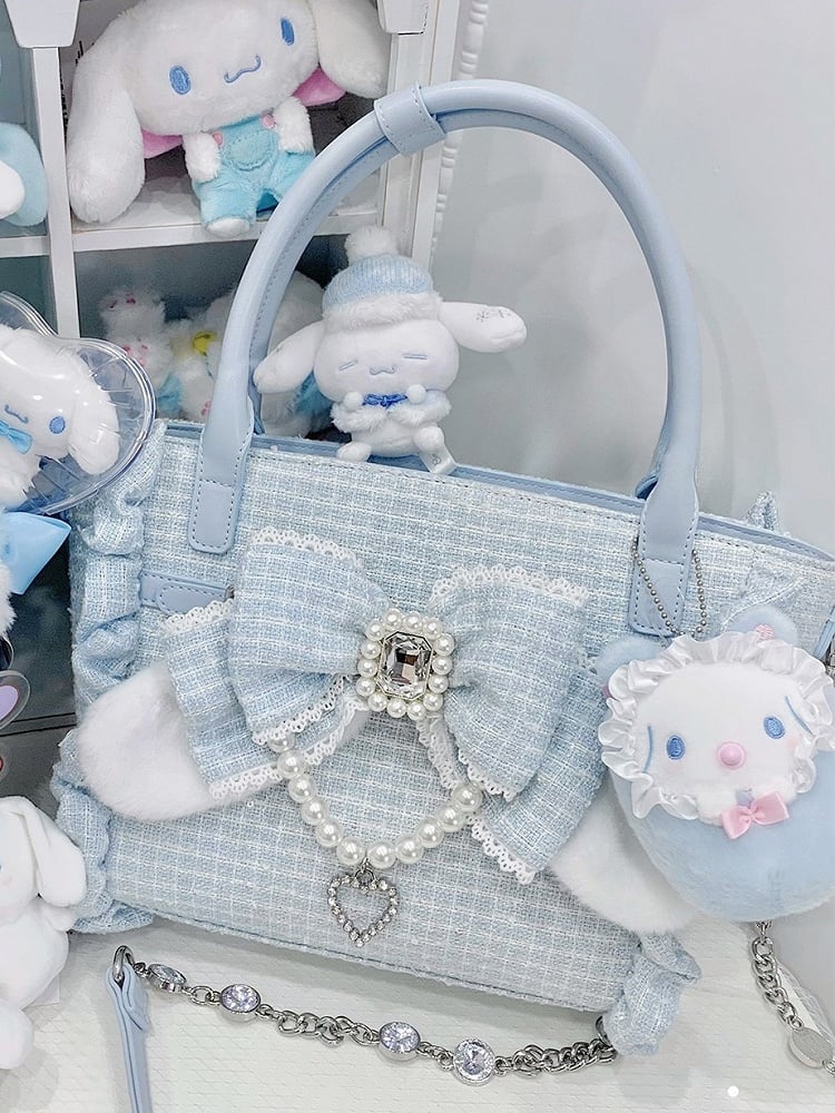 Blue Plush Bunny Ear Decor Bow Accent Lolita Bag – 3 Ways to Wear: Crossbody, Shoulder, or Hand