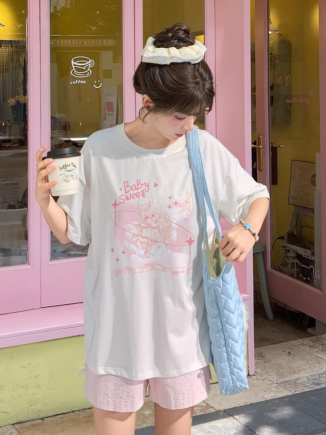 Sweet Pink Bunny Print White Round Neck Loose T-shirt