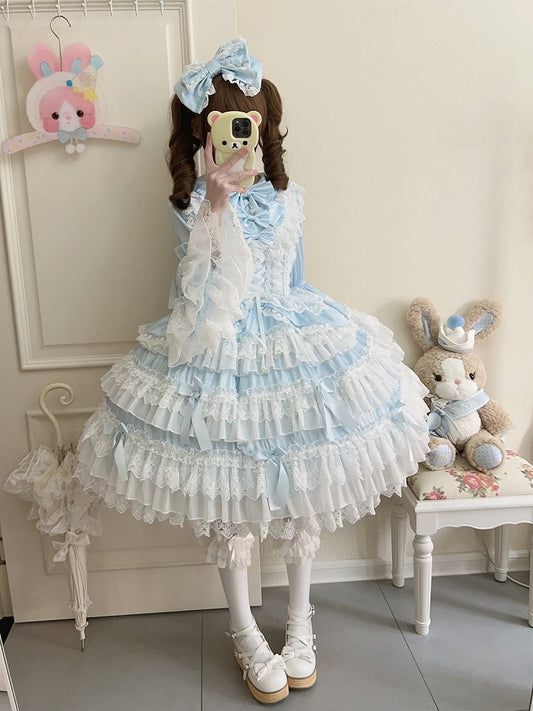 Blue Tiered Ruffle Skirt Bows Decorated Long Bell Sleeves Lolita Dress