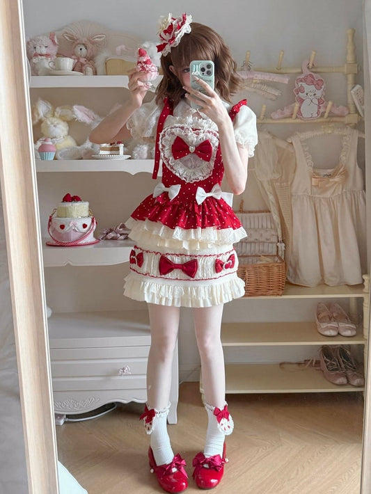 Red Polka Dots Sweet Bow Accents Lolita Full Set - Cami Top + Skirt + Puff Sleeves Cropped Top