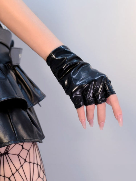 Cyberpunk Gothic Black/Silver PU Fingerless Gloves