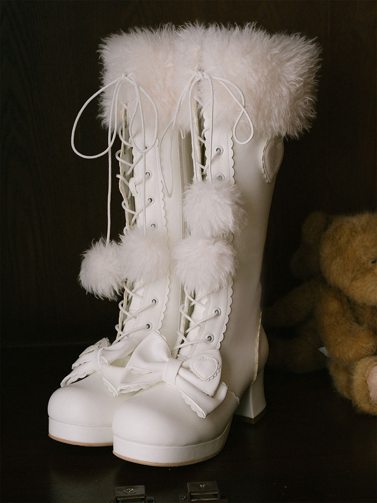 White Sweet Lolita Knee-High Boots - Plush Top Cuff with Bow Embellishments & Lace+Zip System