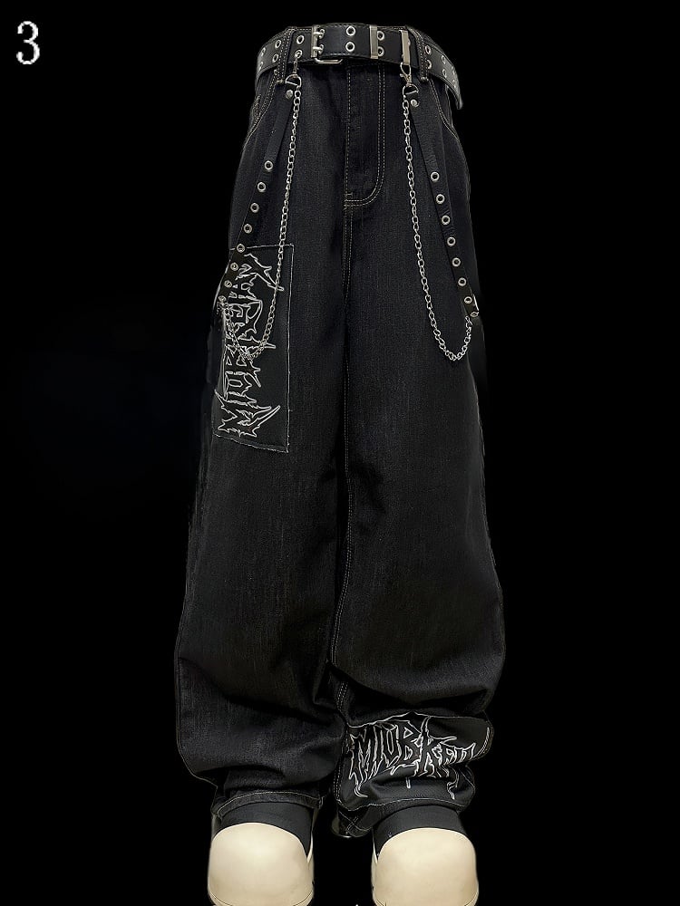 Dark Blue Letter Applique Straight-leg Cut Jeans