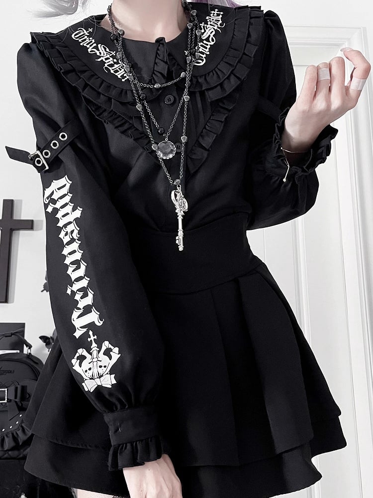 Black Emo Punk Peter Pan Collar Letter Print Buckle Details Blouse
