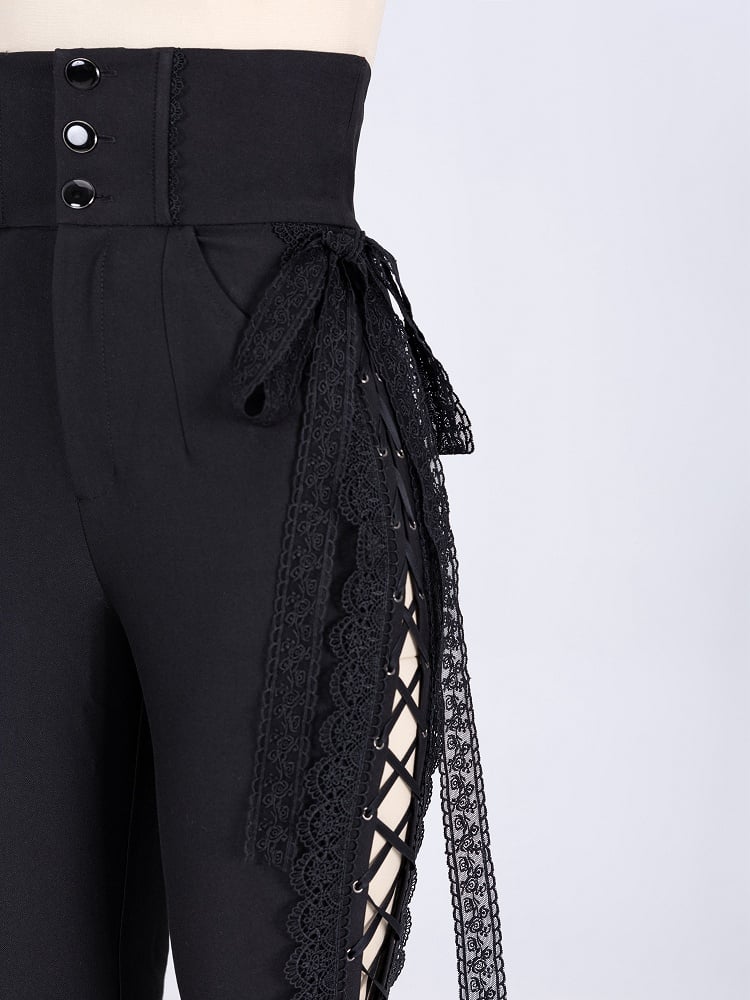 Boned High-Waisted Side-Tie Lace Flared Pants – Black Elegance