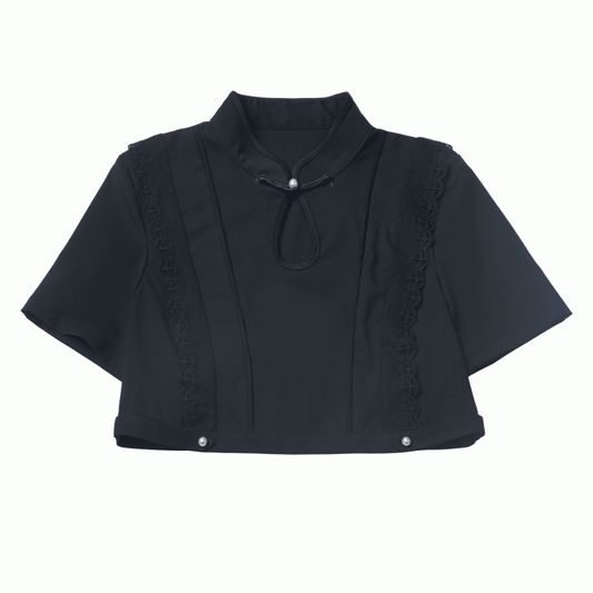 Black Cheongsam Collar Bead Details Short Sleeves Top