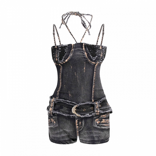 Y2K Black Distressed Design Denim Bodycon Jumpsuit with Buckle Belt
