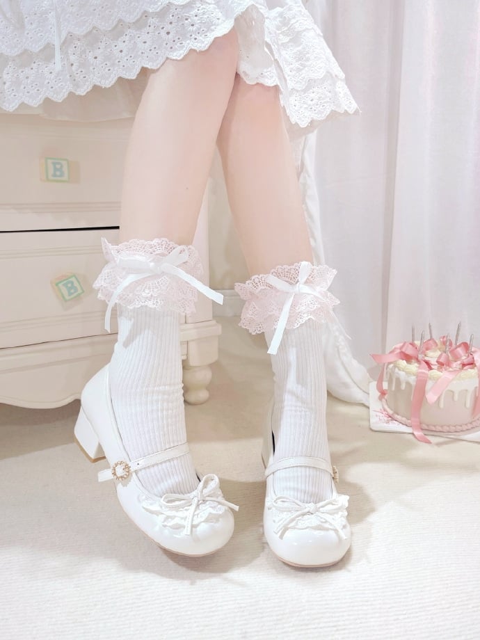 White Knotted Bow Accent Lace Trim 4.3CM Heels Round Toe Mary Janes