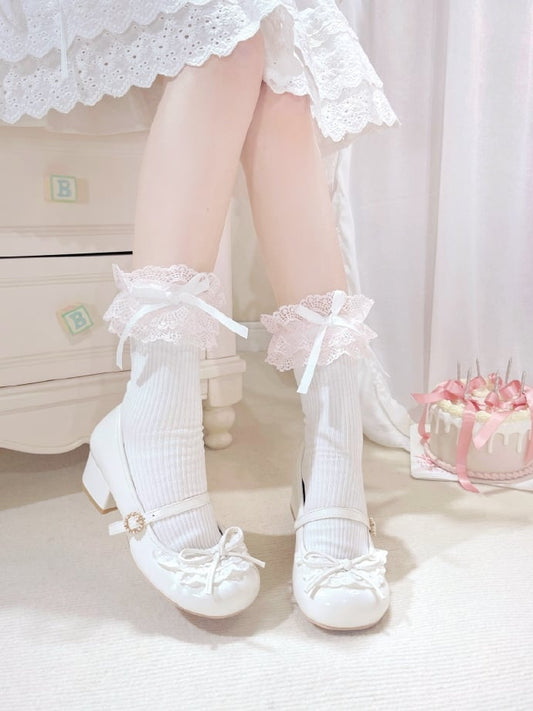 White Knotted Bow Accent Lace Trim 4.3CM Heels Round Toe Mary Janes