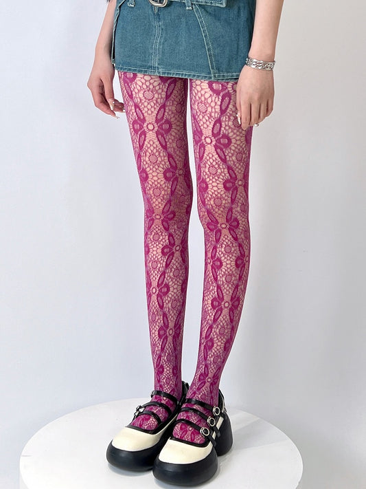 Rose Red Hollow-out Design Floral Pattern Tights