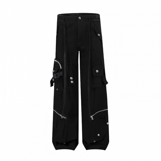 Black Low Waist Cargo Pockets Zipper Details Wide-leg Pants