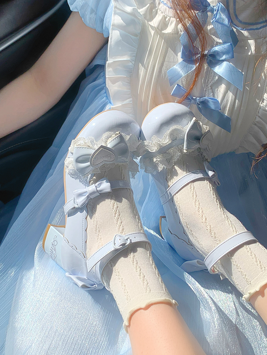 Light Blue Bow Accents Lace Trim Sweet Lolita Block Heel Mary Janes