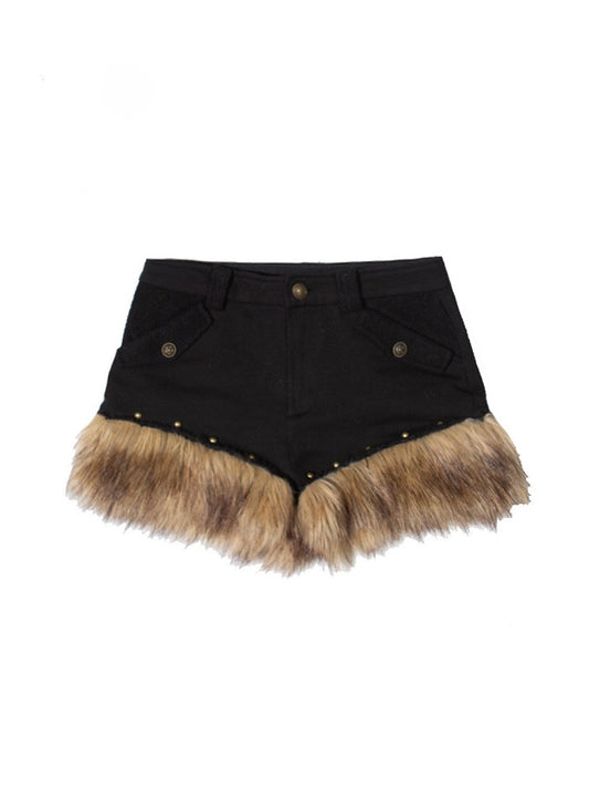 Black Y2K Punk Studded Shorts with Faux Fur Trim & Button-Accented Slant Pockets