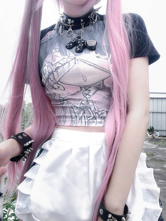 Black Cartoon Girl Print Graphic T-shirt