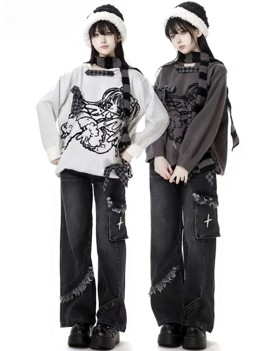 Dark Grey Raw Hem Straight-leg Cut Jeans