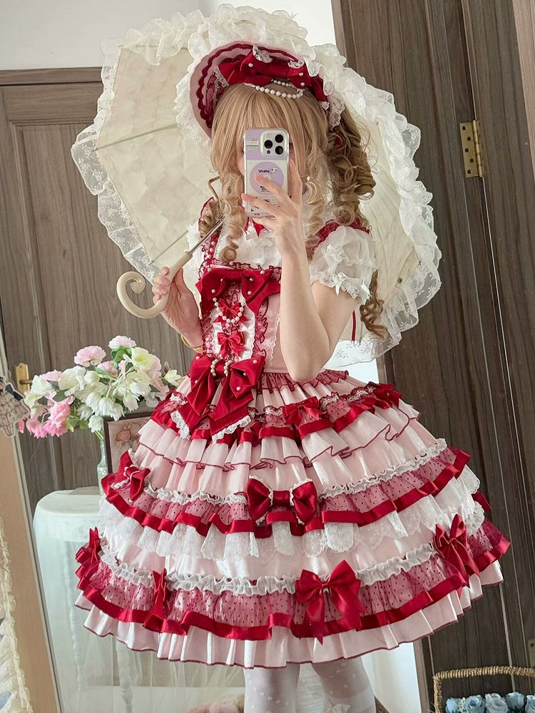 Clearance-Size M for Bust 86-91CM Pink and Red Sweet Bows Decorated Tiered Ruffles Skirt Old School Lolita Dress