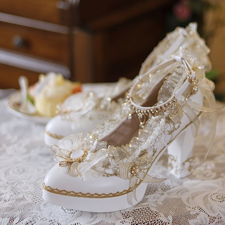 White & Gold Floral Design Crystal Embellished Hime Lolita High Block Heels