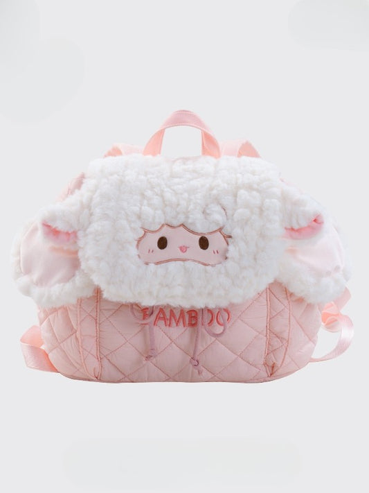 White&Pink Letter Embroidery Diamond Pattern Plush Lamb Flap Backpack