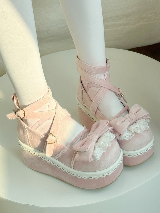 Pink Sweet Lolita Platforms in Velvet - Delicate Lace-Edged Bow, Ornate Heart Closure & Crossed Strap Details