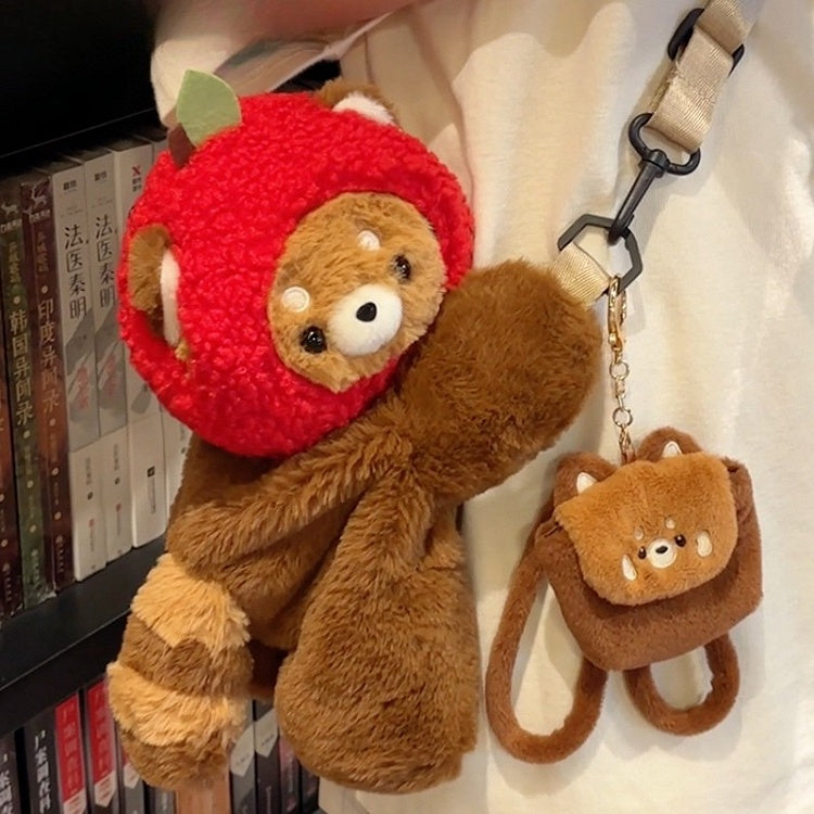 Cute Red Panda Brown 28/40 cm Plush Backpack/Crossbody Bag + Apple Hat + Red Panda/Apple Keychain