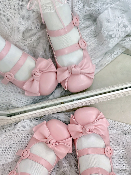 Bow Accents Sweet Pink Buckle Straps Shoes Princess Low Heels