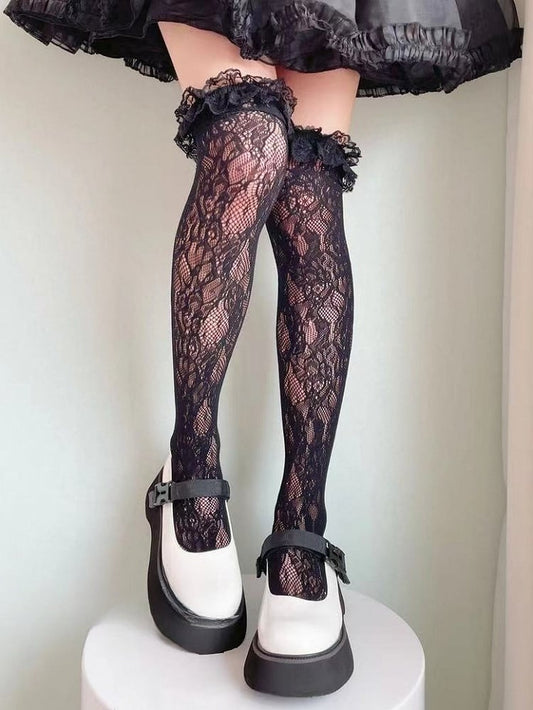 White/Black Ruffled Lace Cuff Lolita Over Knee Stockings