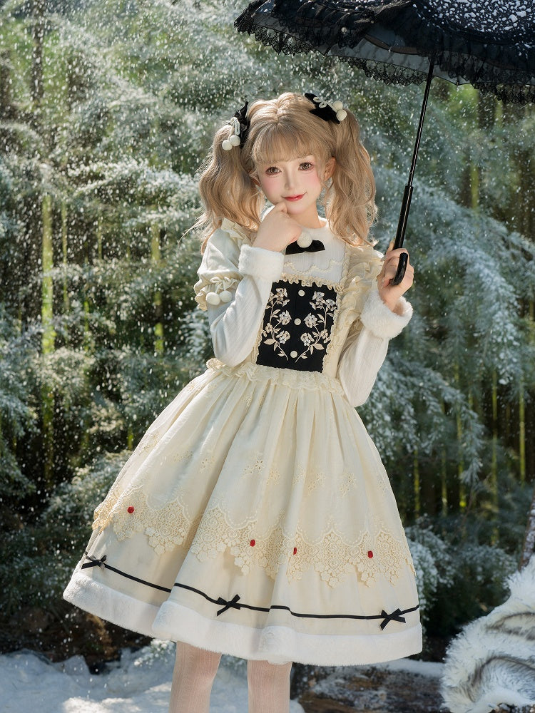 Beige Floral Embroidery Bodice Long Sleeves Lolita Dress Plush Neckline and Cuffs