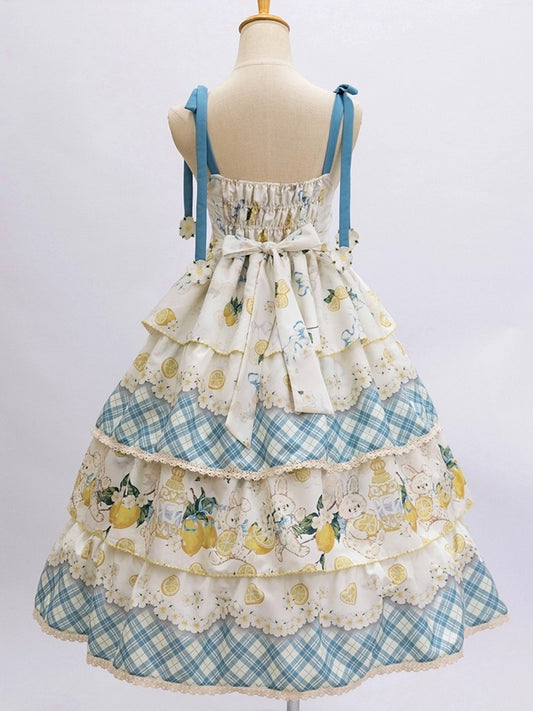 Blue & Yellow Lemon and Rabbit Print Country Lolita Dress with Plaid Pattern and Ruffled Layers