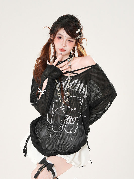 Black/White Asymmetrical Neckline Kitty Print Semi-sheer Coverup