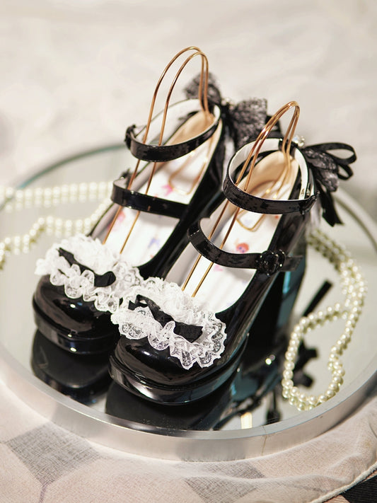 Black Knotted Bow at Top Lace Trim Heart Buckles High Block Heels
