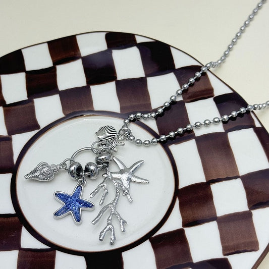 Blue Y2K Bittersweet Starfish Coral And Conch Pendant Necklace