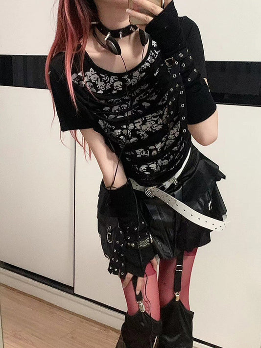 Black Skeleton Print Hollowed-out Punk T-shirt + Buckle Straps Detachable Sleeves
