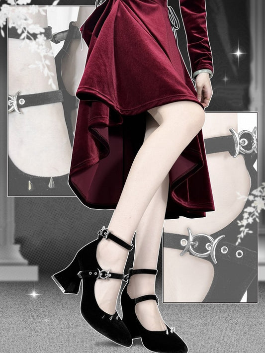 Punk Silver Studs Black Gothic Witch Lolita Velvet High Heels