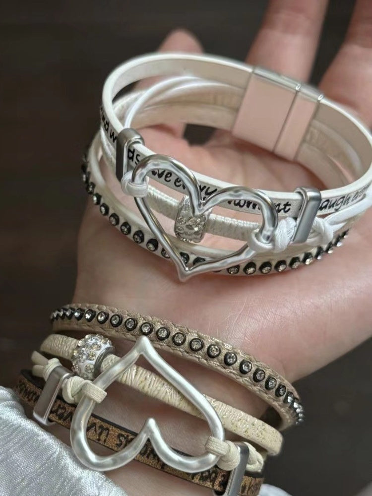 White/Brown Wasteland Punk Heart Rhinestone Bracelet