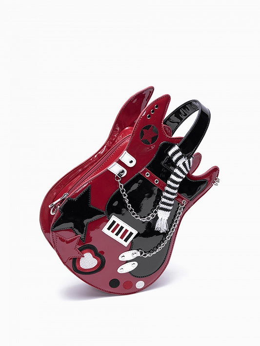 Red & Black Star Design Sweetheart Embroidered Guitar-shaped Bag